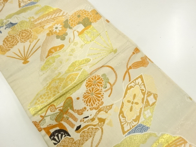 JAPANESE KIMONO / ANTIQUE HIRAKI NAGOYA OBI / WOVEN BUCKET & FOLDING FAN & FLORAL PLANTS